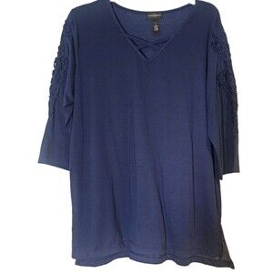 Karen Brooks Women's Navy Blue Tunic Top L Criss Cross Neck Crochet Sleeve Large